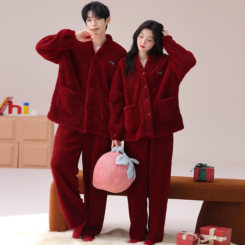 Red Pajamas Women'S Autumn And Winter Flannel Coral Fleece Pajamas Men'S Festive Wedding Couple New Set