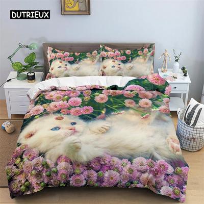 Copripiumino con stampa gatto 3D Set biancheria da letto floreale Singolo Matrimoniale Per Bambini Ragazze Ragazzi Decorazione Camera Lusso Microfibra Copripiumino Divertente Animale
