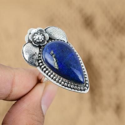 925 Sterlingsilber Natürlicher Lapislazuli Art Deco Versprechen Blumenring Schmuck