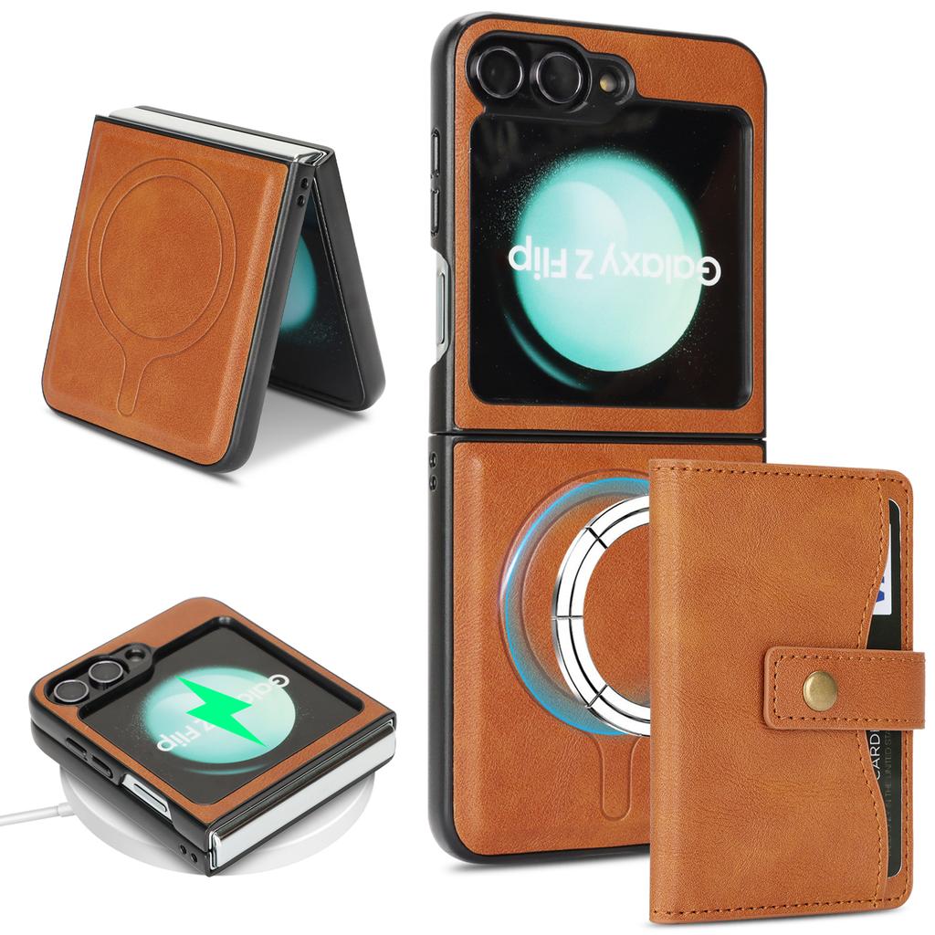 For Samsung Galaxy Z Flip6 5G Kickstand Case Detachable Card Bag Magnetic Case PU Leather Coated TPU Phone Cover