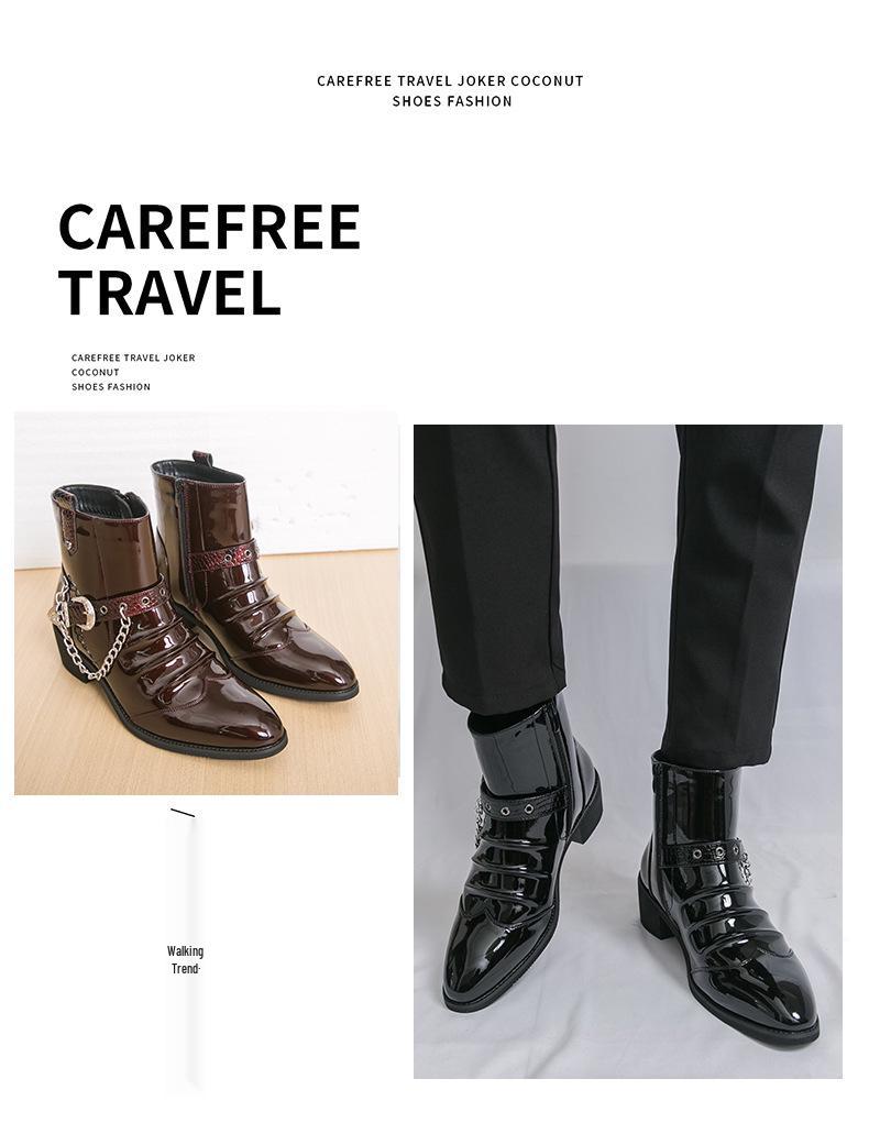 Chelsea Martin Men's High-Top Patent Leather Boots with Pointed Toe, British Style, Zipper, and Height Increasing Feature for Autumn/Winter.