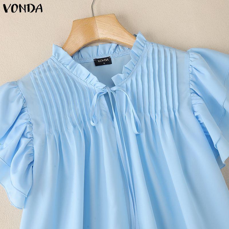 VONDA Women Summer Casual Round Neck Short Sleeve Ruffled Pleating Blouse
