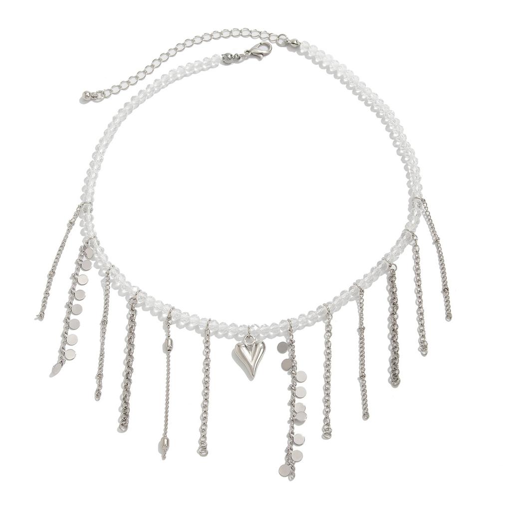 Women Beads Heart Pendant Necklace Tassel Clavicle Chain Adjustable Tassel Chain Party Jewelry Accessories