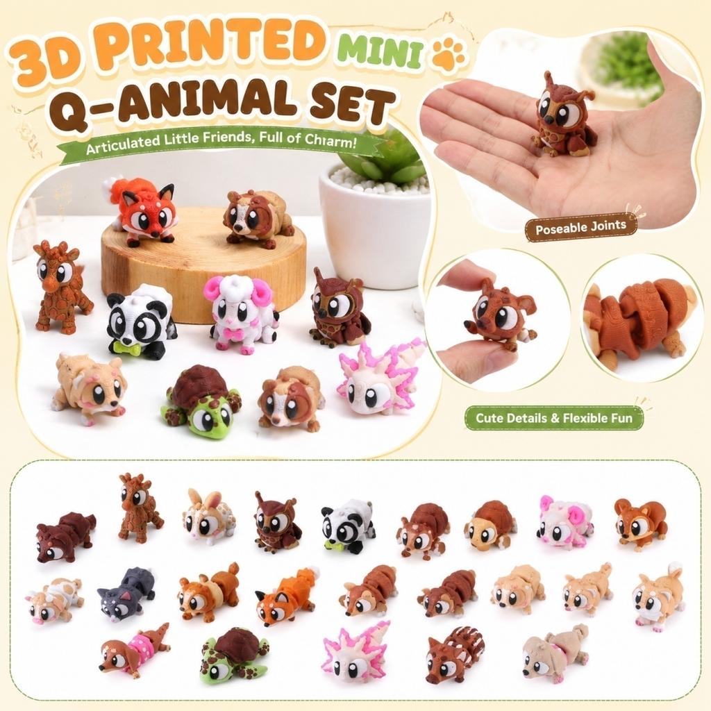 3D Printed Miniature Animal Figurines Set with Articulated Joints Movable Small Animal Models Collectible Toys for Display and Collection