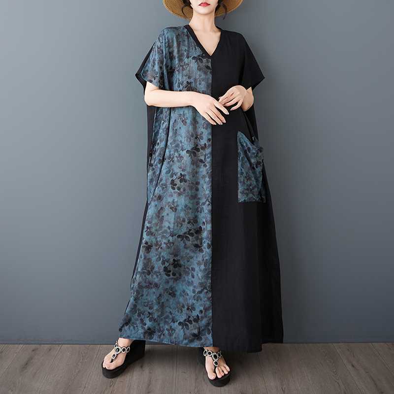 Women's Cotton and Linen Retro Short Sleeved Color Blocked Dress