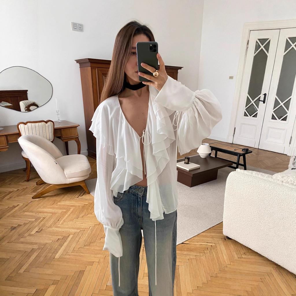 European and American women's clothing summer new fashion temperament sexy chiffon ruffle edge lace-up lantern sleeve cardigan top