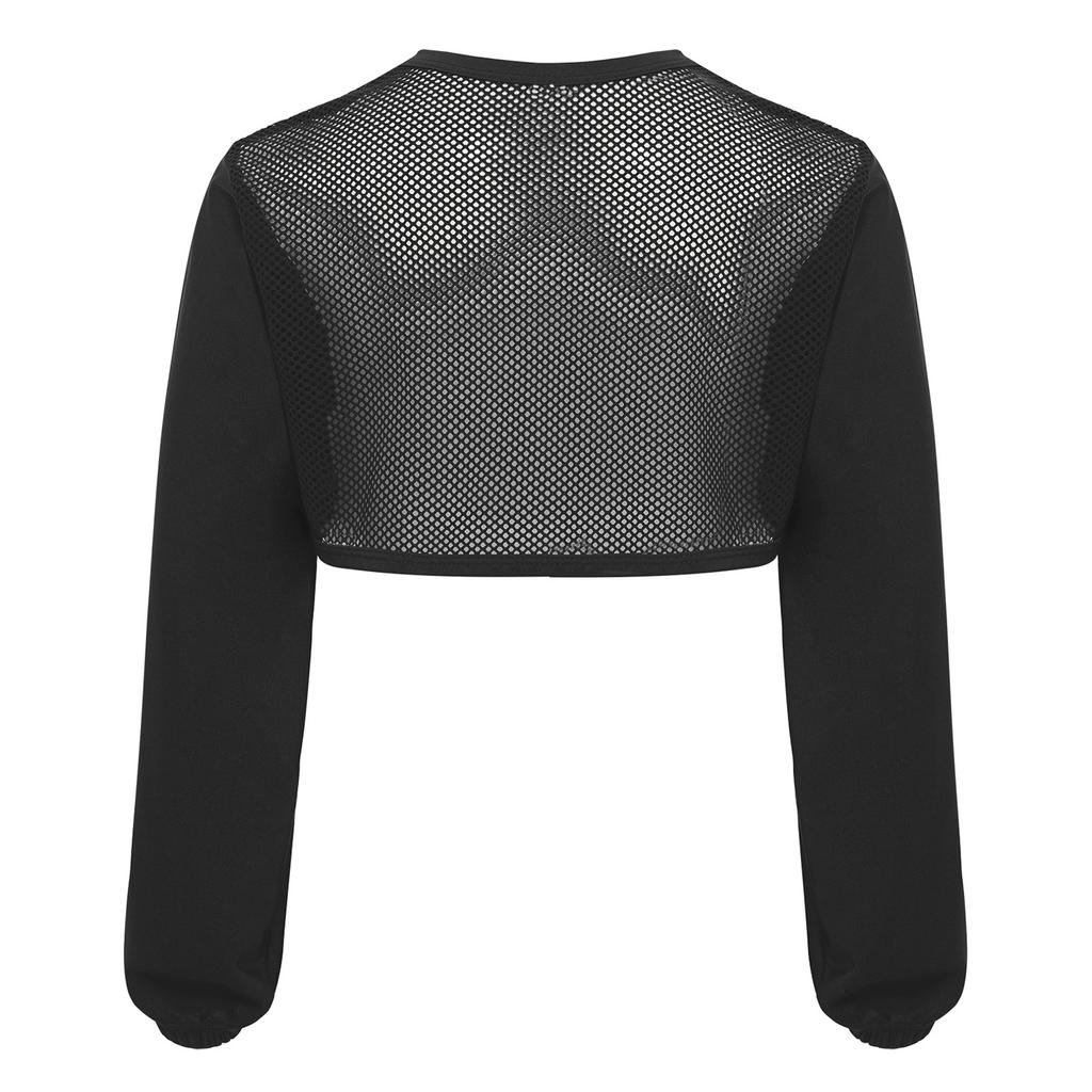 Girls Hip Hop Mesh Crop Top Long Sleeve Hollow Out Patchwork Asymmetrical Hem Dance Streetwear Top