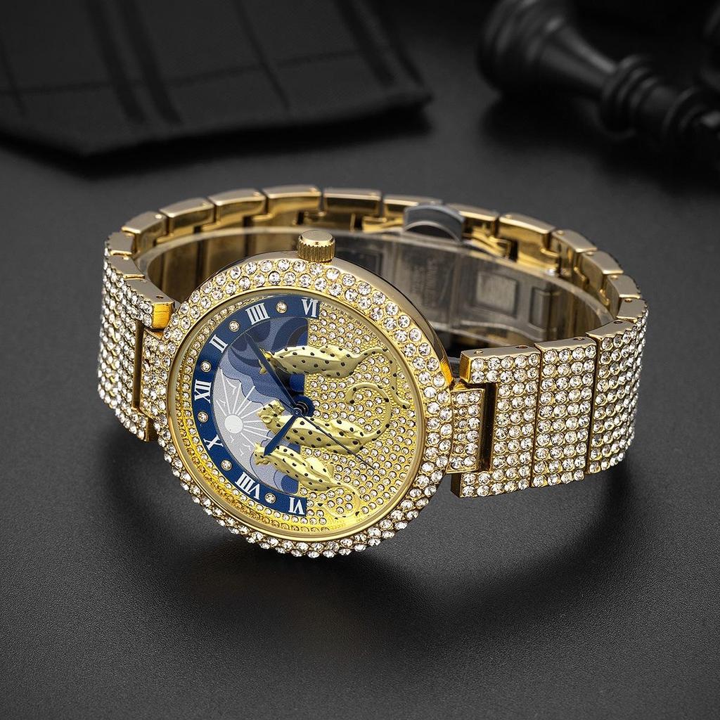 Golden Iced Brilliant Watches Men Luxury Steel Quartz Watch Fashion Leopard Hip Hop Diamond Wrist Watch Man Reloj Hombre
