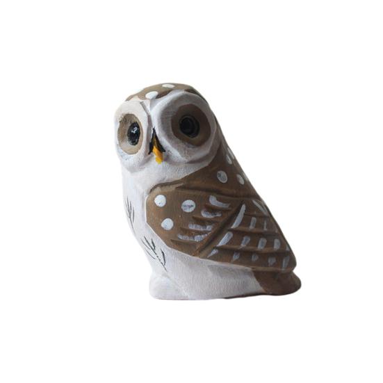 Hand-Carved Owl Figurine Small Wooden Wildlife Animal Forest Bird Sculpture Statue for Desk