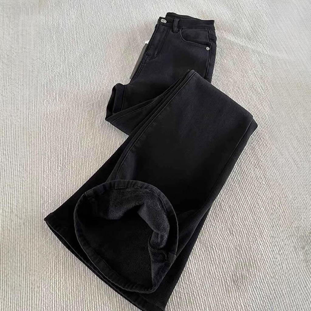 Women's Black High Waist Micro Flare Velvet Jeans - Autumn/Winter 2025, Slimming Elastic Wide Leg Pants.