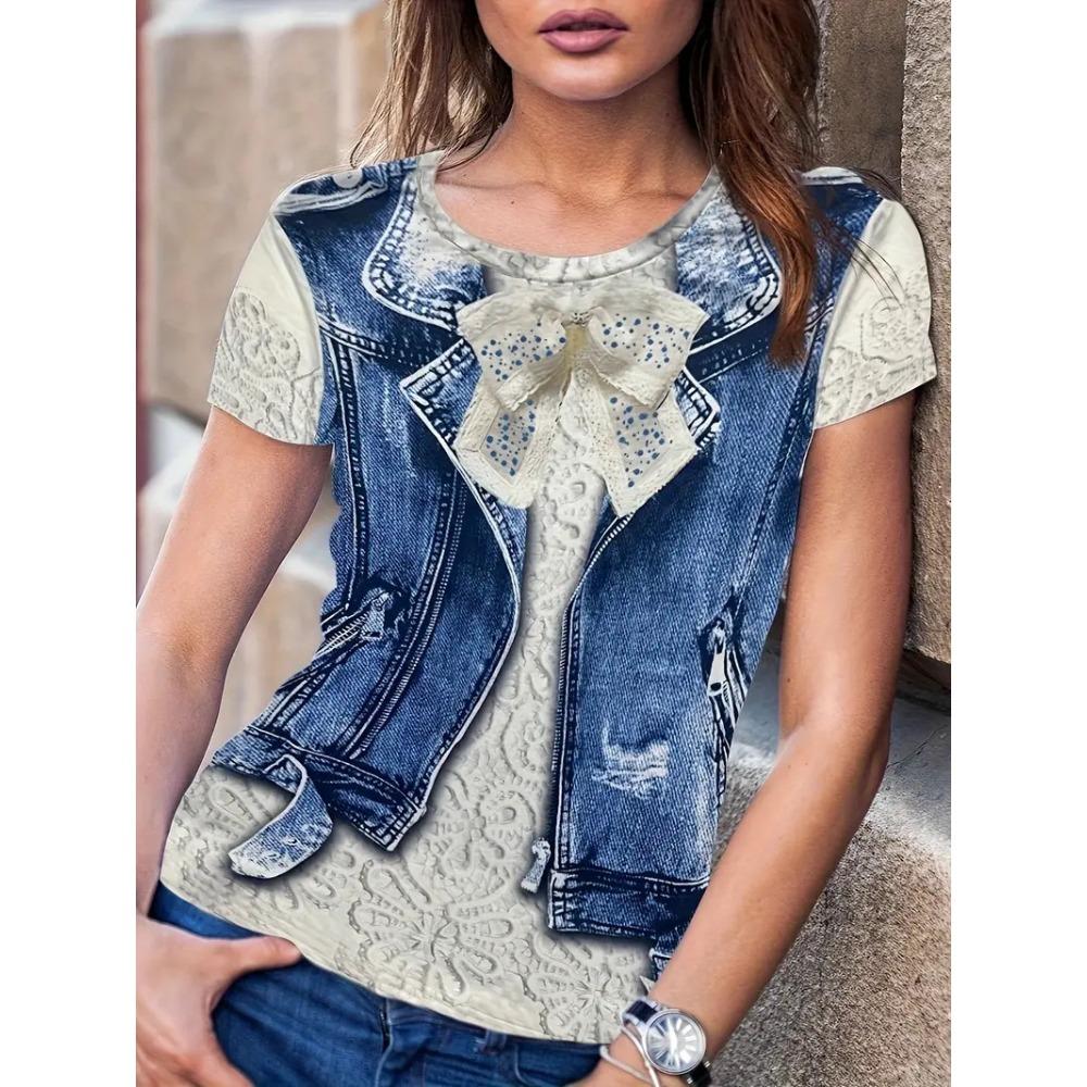 Summer Fashion Fake Denim Women's Short Sleeved Round Neck T-shirt Casual Loose Breathable T-shirt