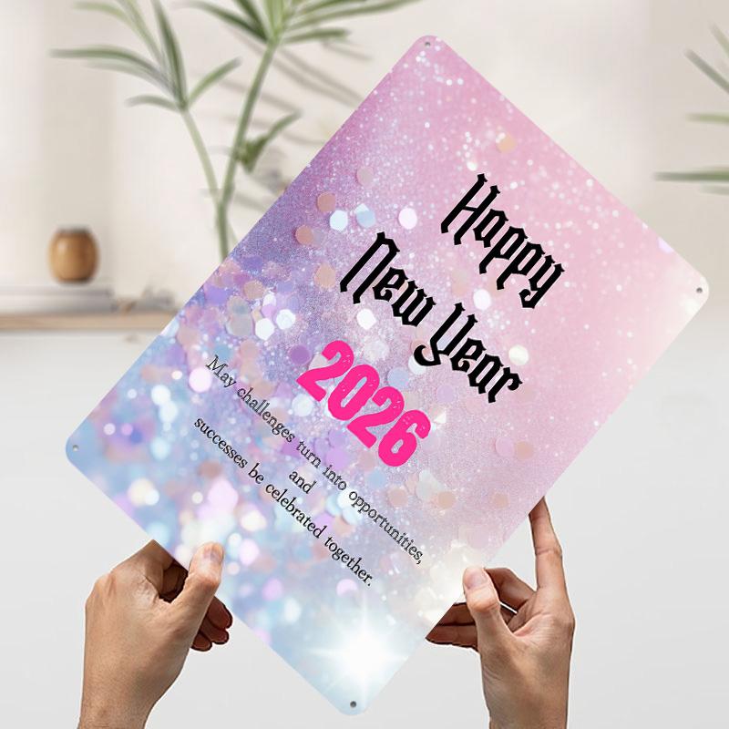 

Happy New Year 2026 Glitter Tinplate Poster Customized Wall Art Vintage Retro Metal Signs for Aesthetic Room Decor Men Wand Deko 20x30cm（7.8x11.8inch）
