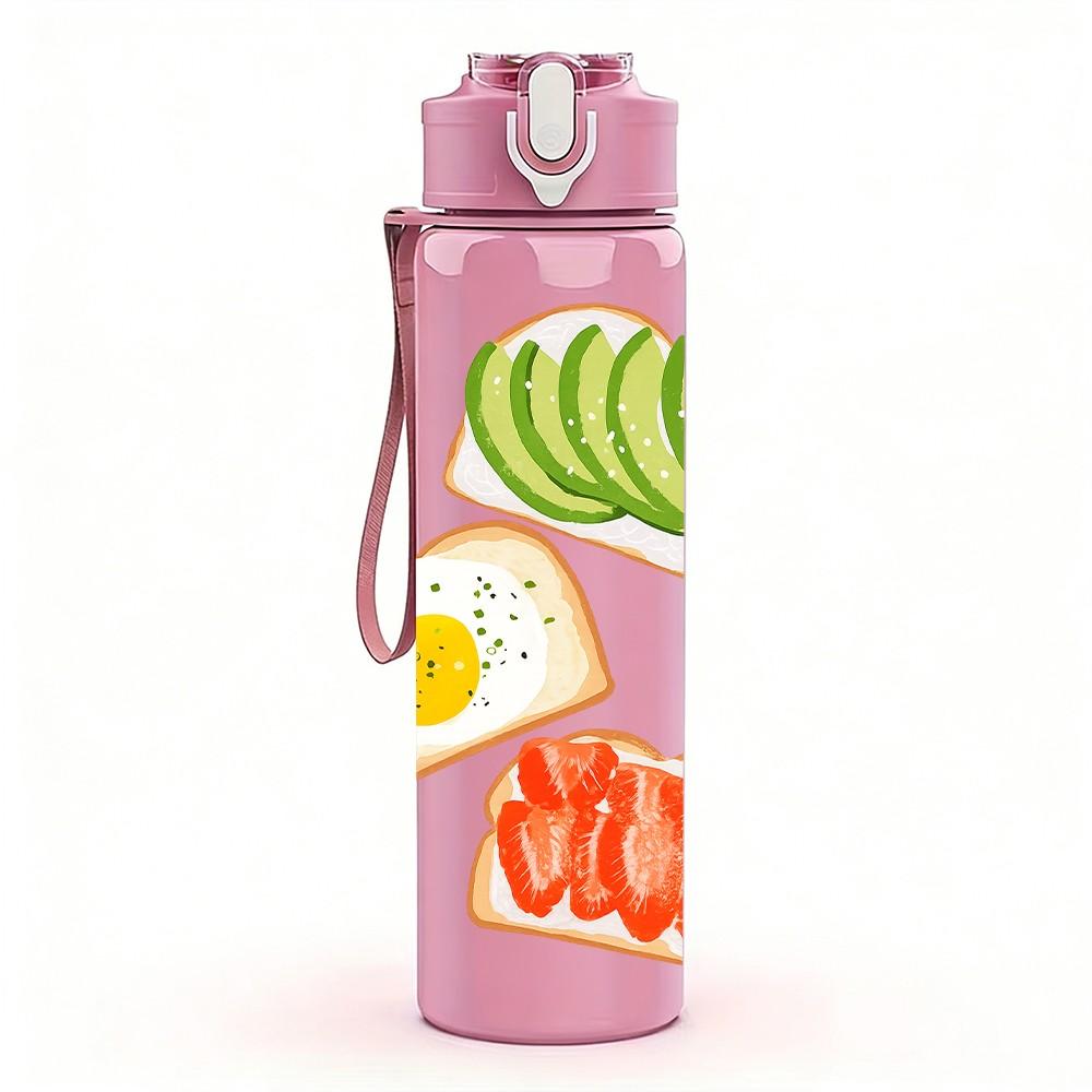 1PC Toast Egg Breakfast Print 750ml Color Plastic Sports Water Bottle Leakproof Flip Straw Lid Suitable for Sports Office Home Use