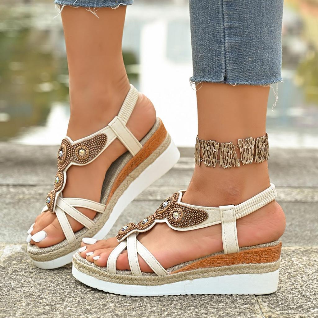 Women Beaded Elastic Band Sandals Lightweight Slip On Summer Beach Shoes Comfortable Ethnic Style Open Toe Flat Sandals