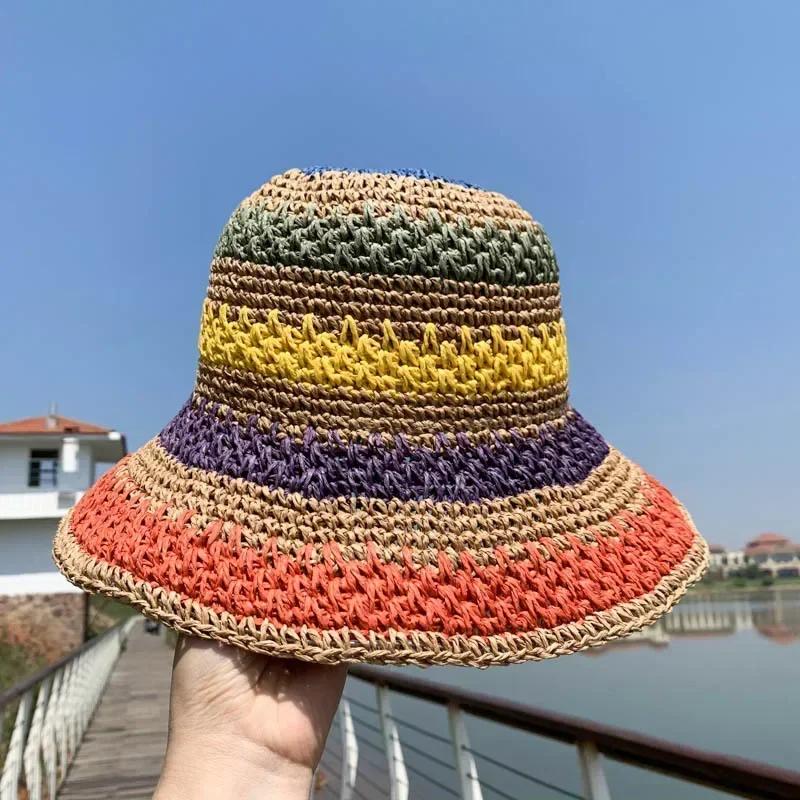 Women Summer Colorful Crochet Foldable Crochet Sun Shading Tourism Vacation Seaside Crochet Beach Sunshade Fisherman Hat