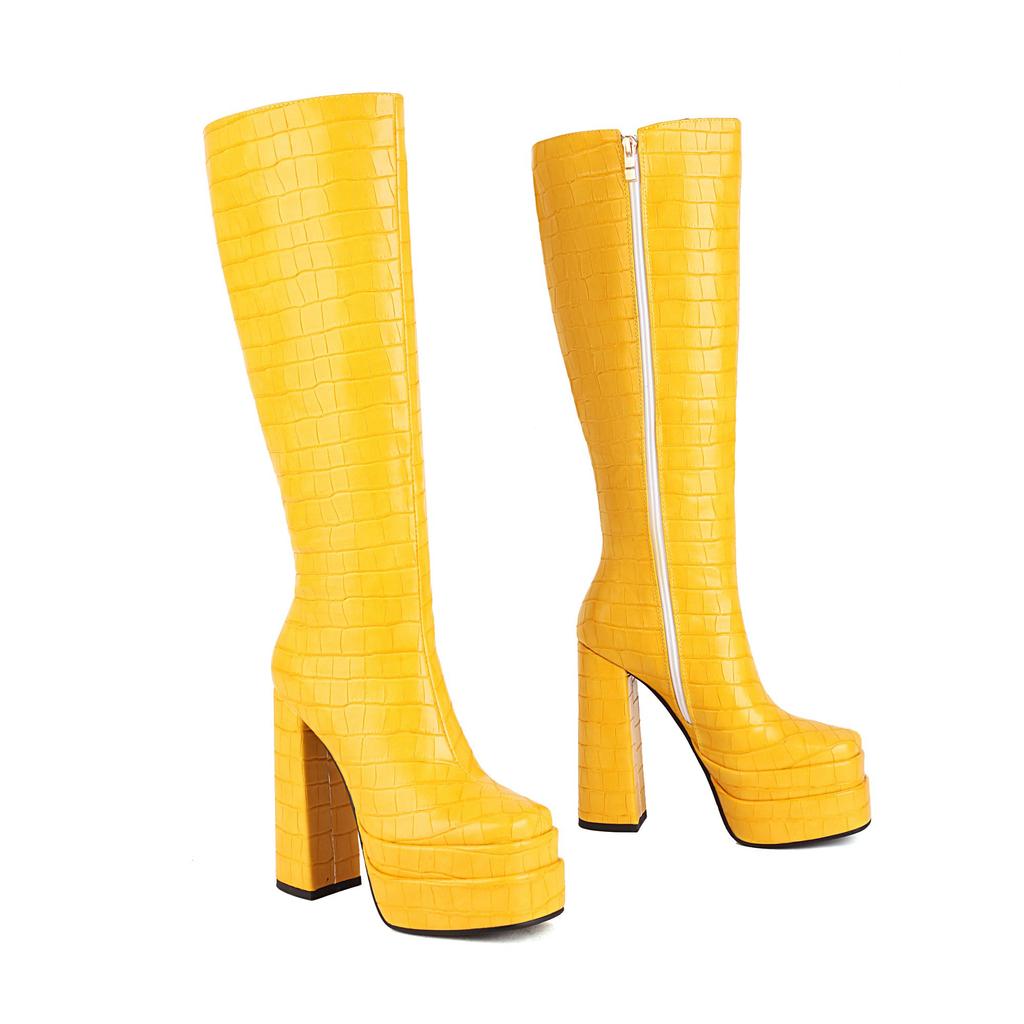 Krazing Pot PU Autumn Winter Shoes Super High Heels Stone Patterns European Design Platform Keep Warm Thigh High Boots