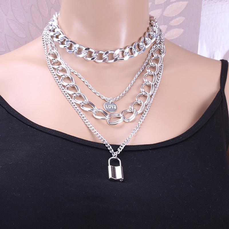 Geometric Multi Layer Alloy Necklace With Lock Pendant For Fashionable Women