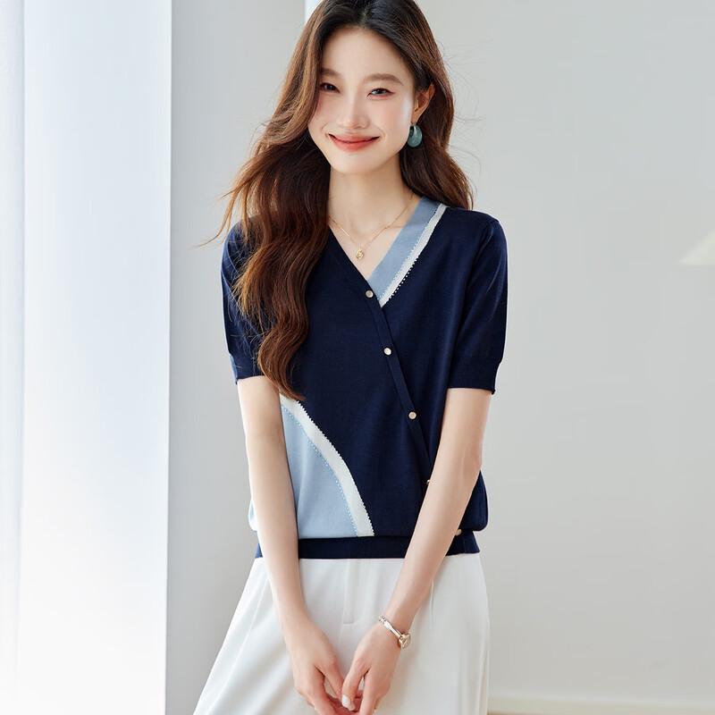 Srcr Women s 26% Mulberry Silk V-Neck Colorblock Knit Top XL