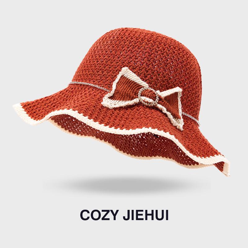 Summer new wavy brim knitted bow basin hat women's outdoor travel sunshade straw hat sun protection bucket hat