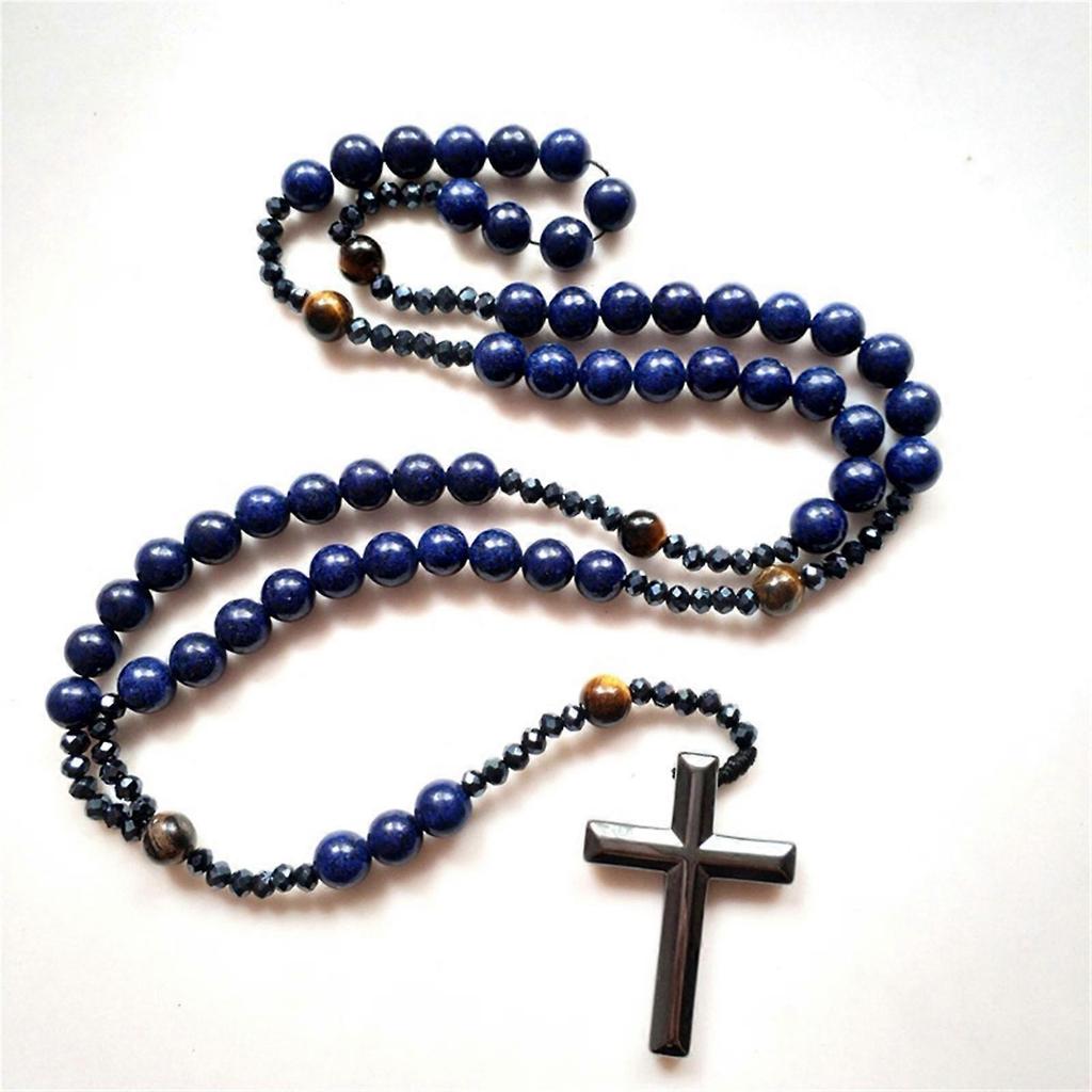 Quality Blue Stone Rosary Necklace with Cross for Men Nightclubs Fine Craftsmanship, Rosary Prayer Religious Necklace