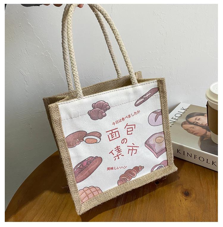Linen Canvas Splicing Portable Shopping Bag Literary Retro Tote Bag Student Office Worker Hand Bag
