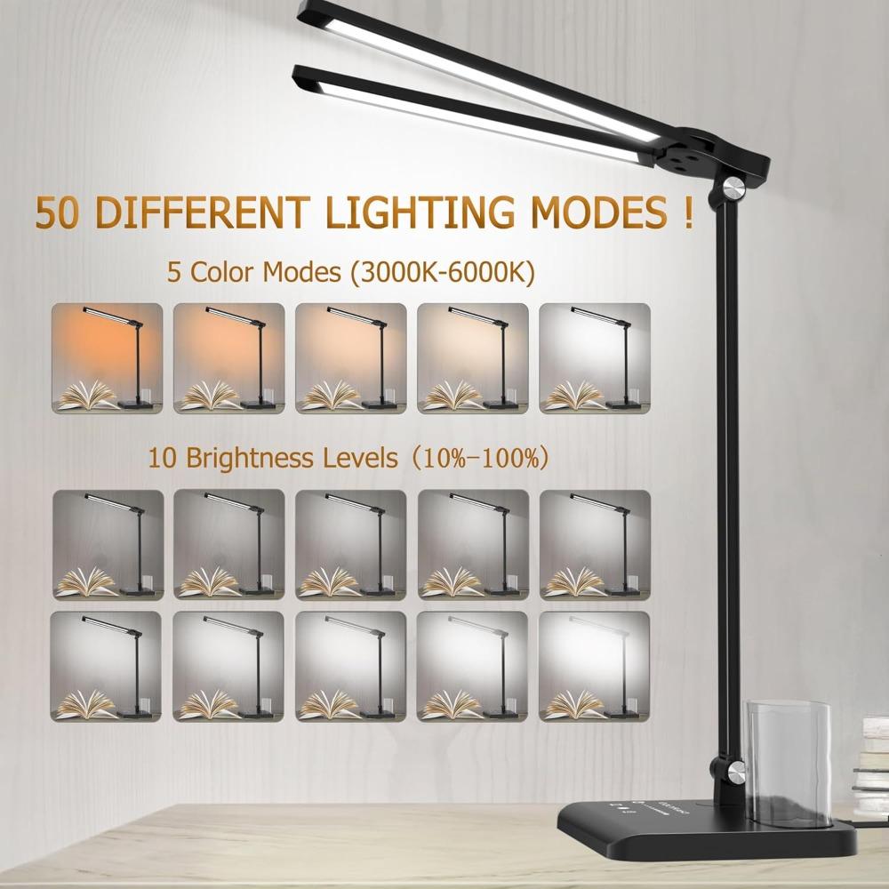 Eye-Care LED Desk Lamp with Dual Swing Arms, USB Charging Port, Touch Control, Foldable Design for Home Office, Study, Dorm Use