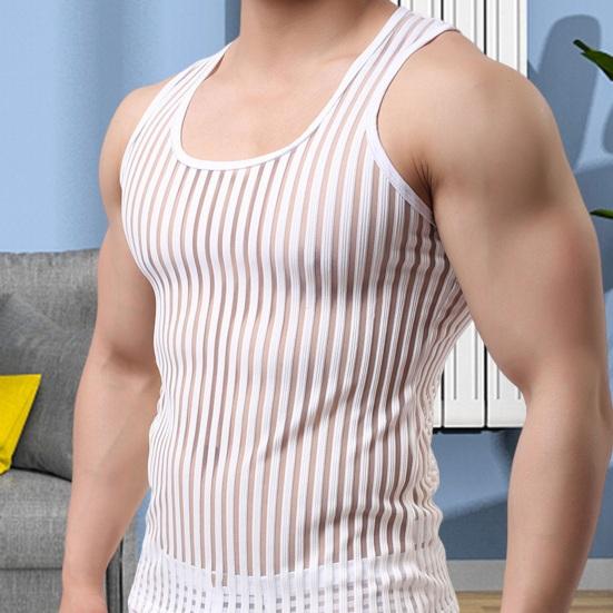 O-Neck Sleeveless Solid Color Men Vest Striped Racerback Male Mesh Sexy Transparent Bottoming Vest Home Wear