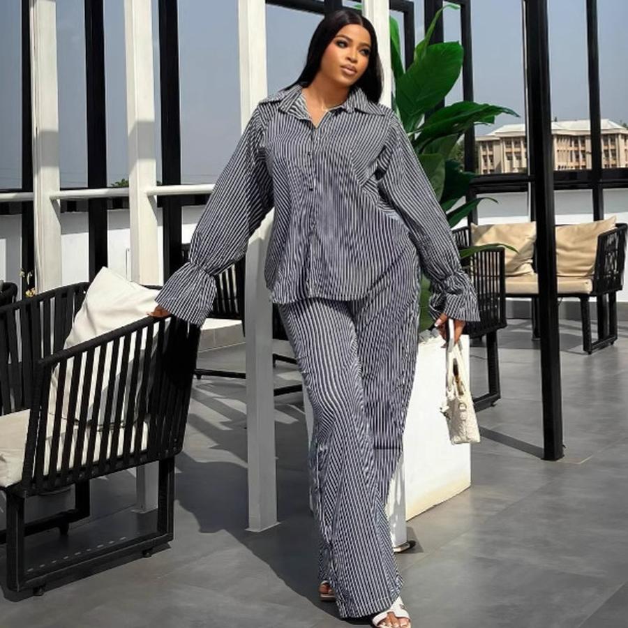 

Women s Fashion Striped Puffed Bell Sleeve Long Sleeve Shirt Wide Leg Pants Casual Set for Women XXL