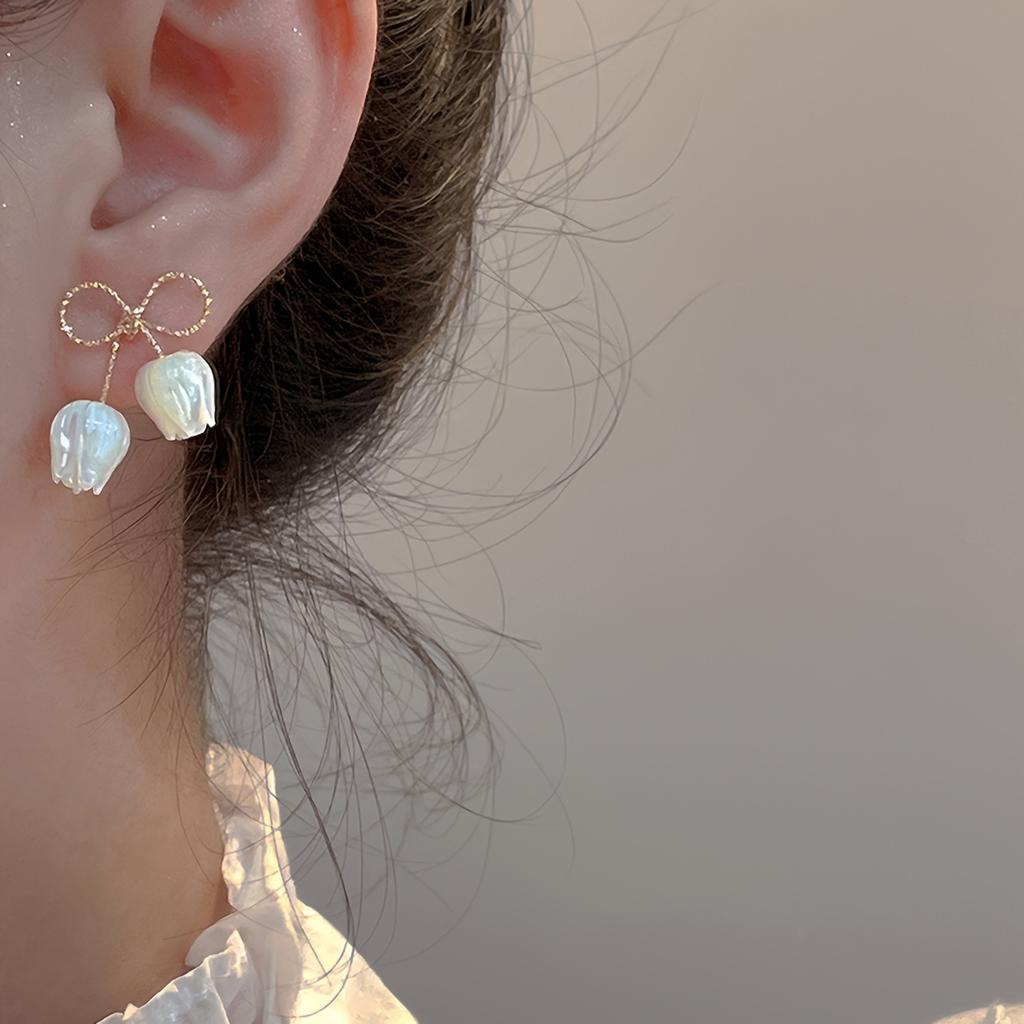 Schleifen-Tulpen-Blumenohrringe für Damen, Eleganter Hochwertiger Hängeschmuck Tägliches Hochzeitsgeschenk für Freundin