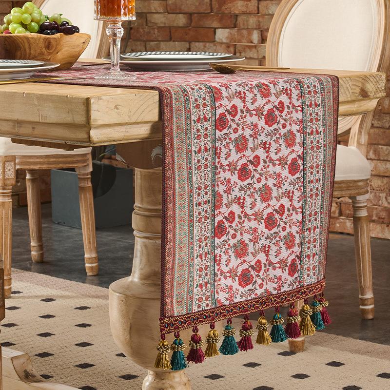 

Retro High-end Table Flag Restaurant Waterproof Oil Resistant Table Mat Holiday Home Tea Table Cabinet Jacquard Tassel Wrinkle-resistant Table Runner 33*90cm