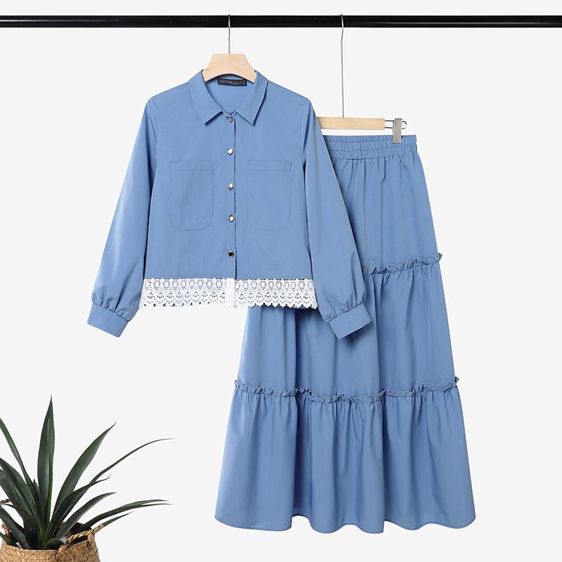 ZANZEA Ensembles Deux Pièces Élégants pour Femmes : Blouse à Manches Longues Bordée de Dentelle et Longues Jupes