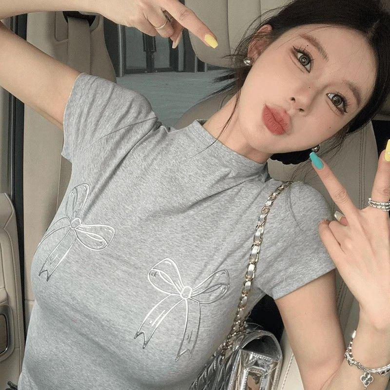 Korean Style Silver Bow Print Top: Women's Short Sleeve Round Neck, Summer Design