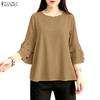 ZANZEA Women Casual Round Neck 3/4 Sleeve Embroidery Print Loose Blouse Ruffles 