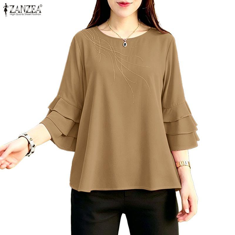 ZANZEA Women Casual Round Neck 3/4 Sleeve Embroidery Print Loose Blouse Ruffles 