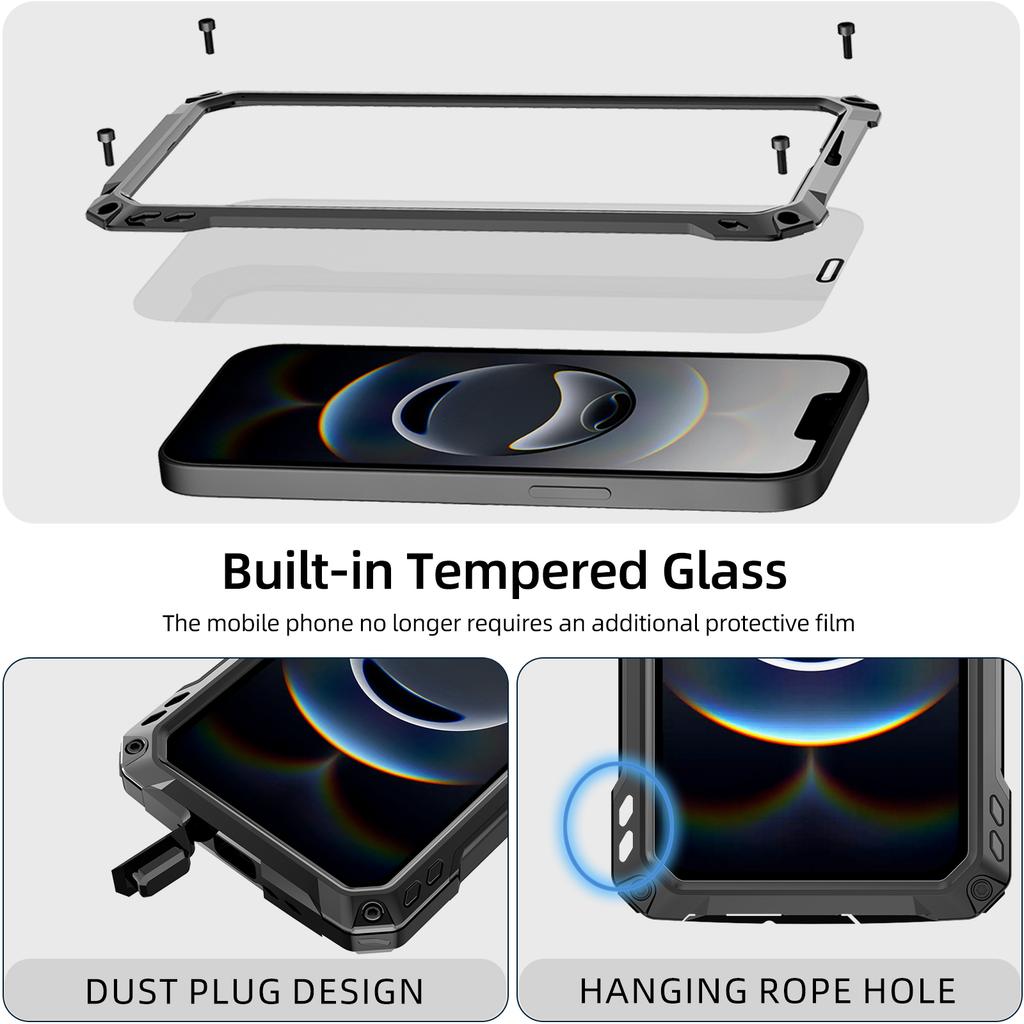 For iPhone 16e Case Aluminum Alloy+Silicone Lens Kickstand Phone Cover with Tempered Glass Film