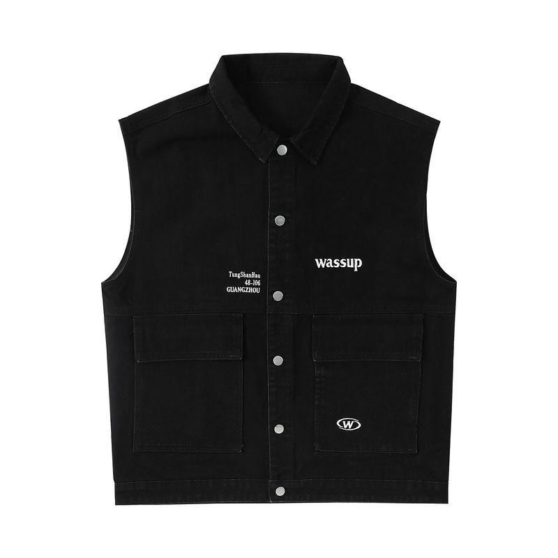 

Wassup Heods Вышитая буква Модный джинсовый жилет Мужской Весна и Осень Универсальный Уличный Ретро Парный жилет Black L