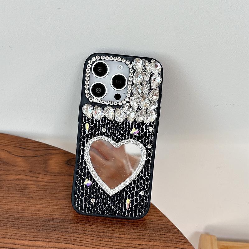 Rhinestone Love Mirror Mobile Phone Case for IPhone17promax Leather for Apple 16 Women's Model 15 Personality