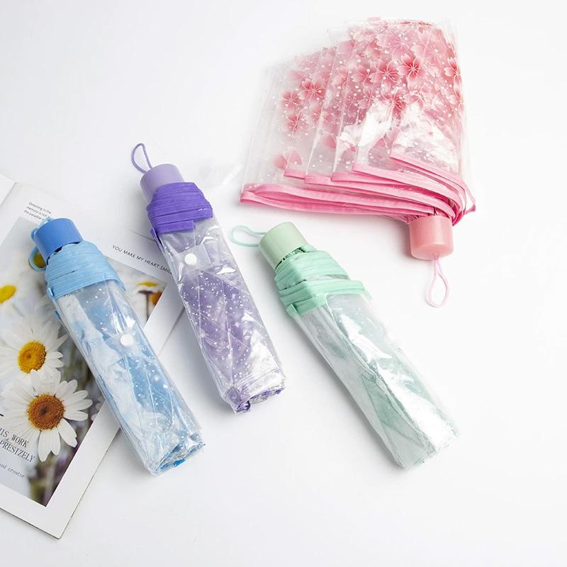 1PC Three-Fold Beauty Cherry Blossom Transparent Umbrella Rainproof Fold Umbrella Handheld Windproof