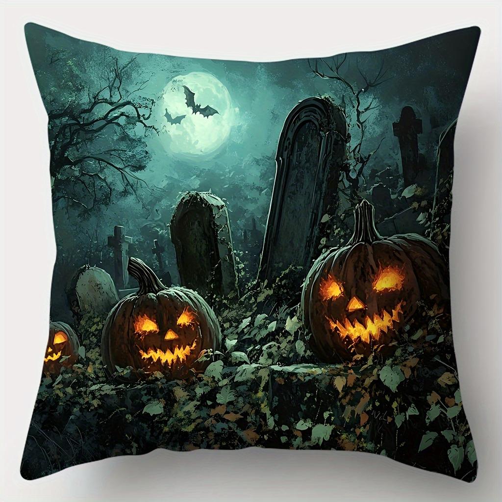 1PC Halloween Pillow Covers, Spooky Pumpkin Castle Bat Print Cushion Covers, Soft and Comfortable Square Pillowcase