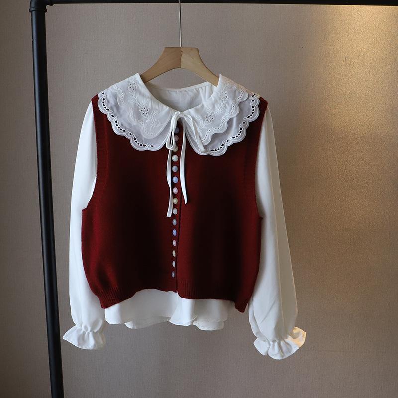 Spring 2025 Korean Style Women's Peter Pan Collar Blouse + Knit Vest Set