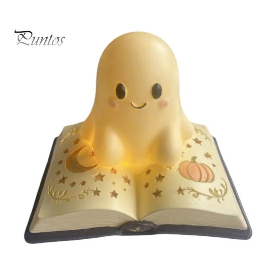 Ghost Figurine Desk Lamp Magic Book Night Light, Resin Tabletop Warm Glow with Moon Soft Yellow Light Star Relief, Cute Bedside Sleeping for