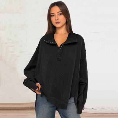 Felpa da donna, autunno e primavera, ampia, con colletto rovesciato, maniche a lanterna, ampia, tinta unita, spacchi laterali, bottoni, tinta unita, sportiva, da indossare tutti i giorni, casual.