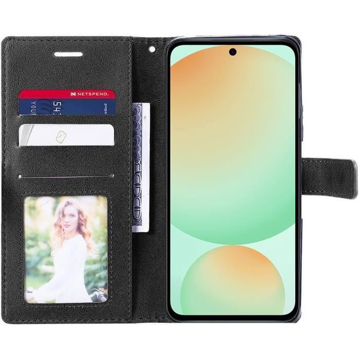 Coque pour Samsung Galaxy S24 FE - BOOLING - Effet Cuir Antichoc - 2 Verres Trempés - Etui Flip - Noir