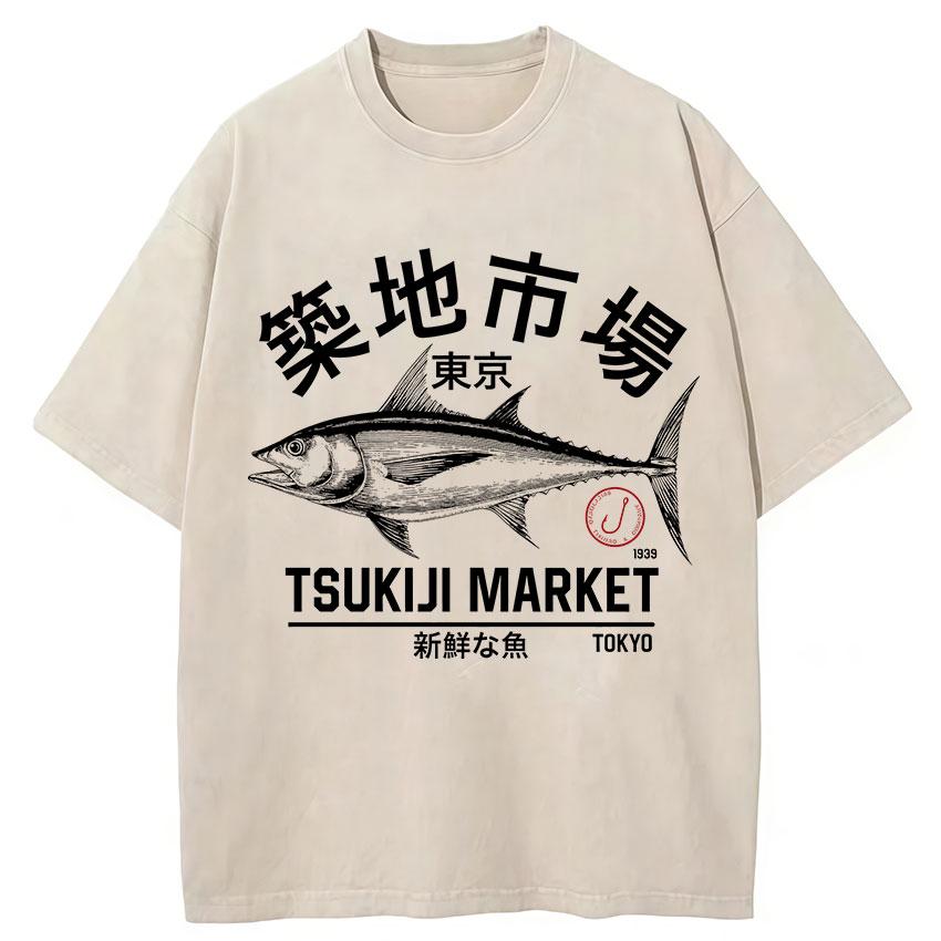 Funny Fish Japanese Tsukiji Market Vintage Washed T Shirts Unisex Women Summer Fashion Cotton Short Sleeve Tshirt Streetwear