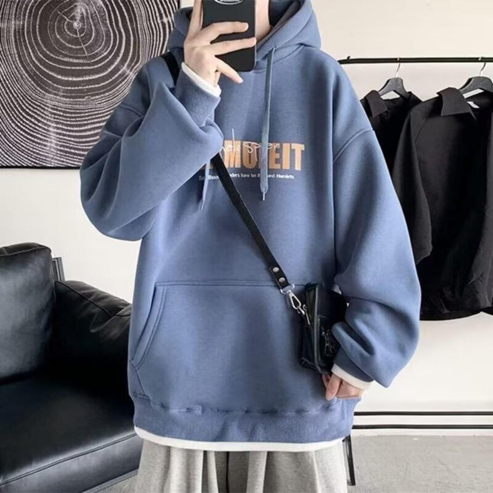Hong Kong Style Hooded Sweater Men's and Women's Autumn and Winter Trendy Brand Letter Printing Fake Two-piece Velvet Loose Casual Versatile Hoodie