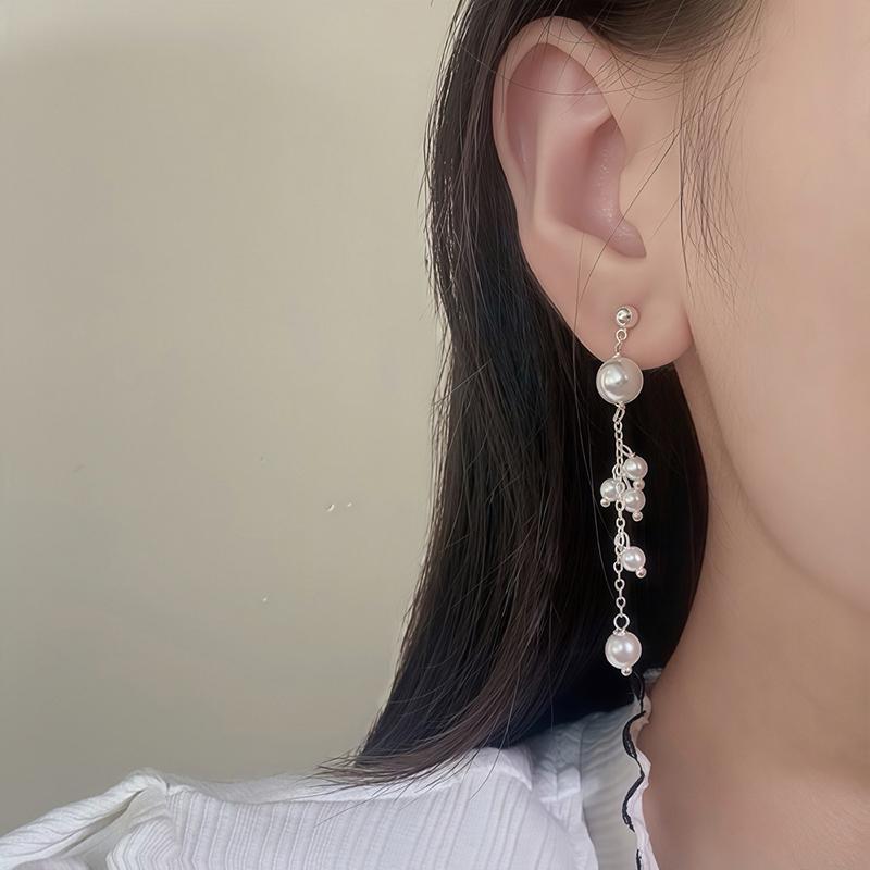 PONYKISS  Sterling Silver Pearl Chain Tassel Stud Earrings for Women Trendy Geometric Fine  Minimalist Accessories