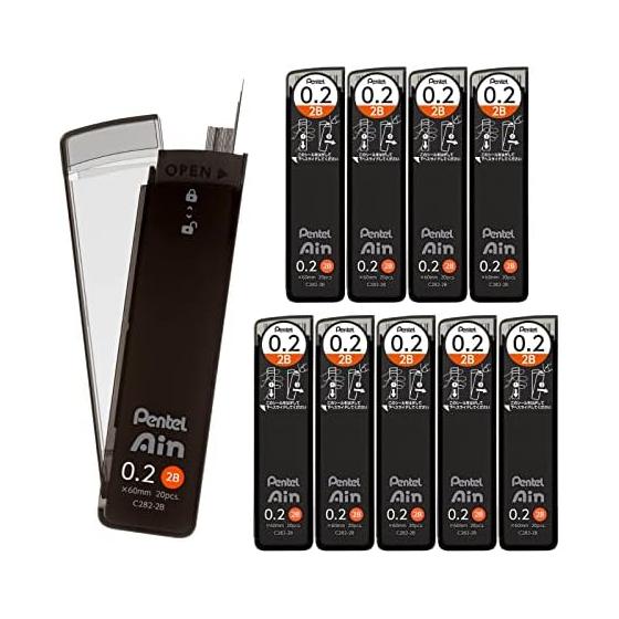 Pentel Ain Sharp Pencil Lead, 0.2mm, 2B, 10 Leads, C282-2B, Smooth, Break-Resistant, Smudge-Proof, High-Performance