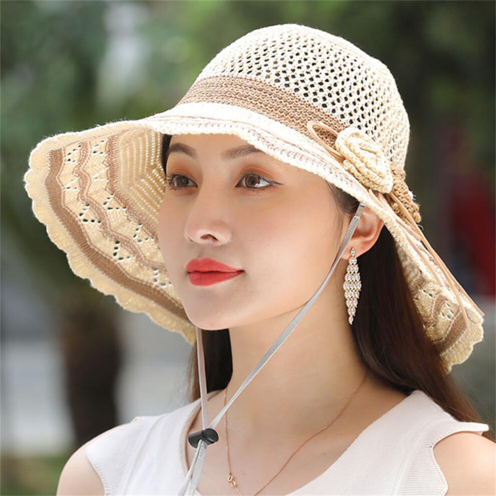 (One Size, White) Women Summer Knit Sun Hat Breathable Crochet Flower Wide Brim Sun Protection Fisherman Cap