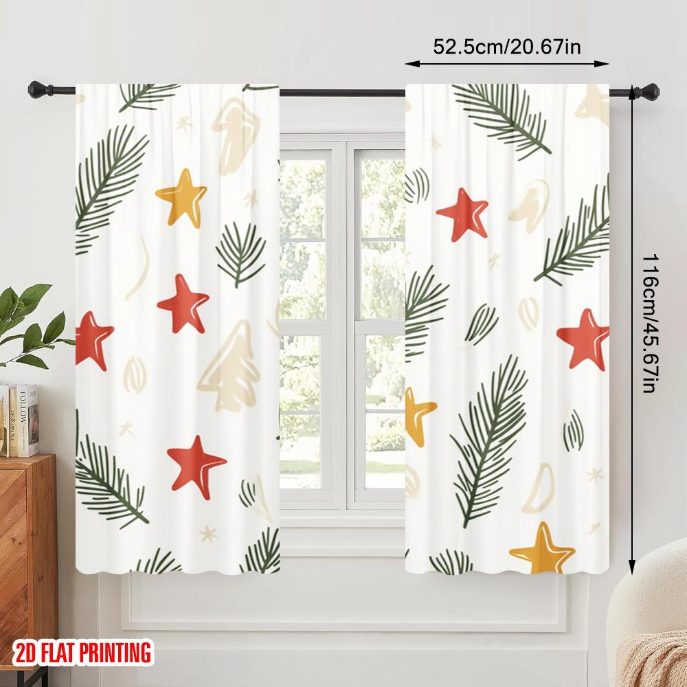 2pcs,2D Plane Printing Popular Curtains Christmas Trees Stars Berries (2) Versatile Fabric (without Rod) Decorations Outdoor