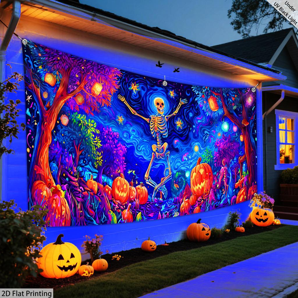 1PCS Halloween Garage Door Decoration - Luminous UV Effect - Super sized Horror Skull Party Scene with Pumpkin and Bat